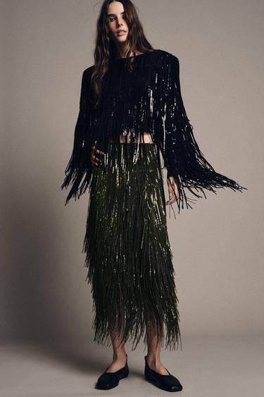 ZW COLLECTION LIMITED EDITION SEQUIN FRINGE SKIRT - Green by Zara