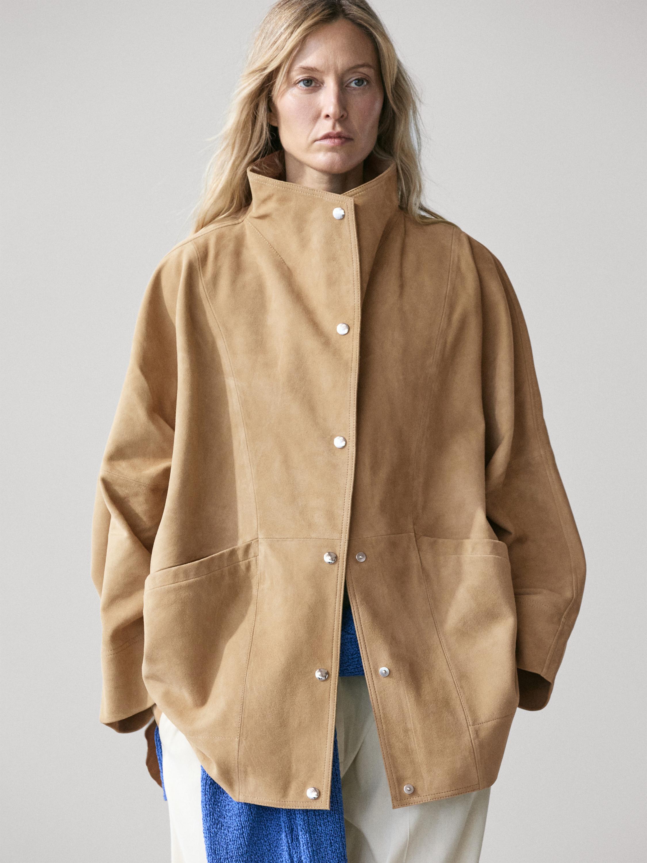 Suede leather cape with button details