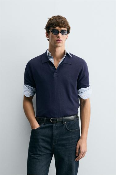 LINEN-COTTON KNIT POLO SHIRT - Navy blue by Zara