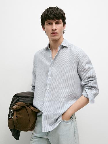 Zara Striped slim fit linen shirt - Blue
