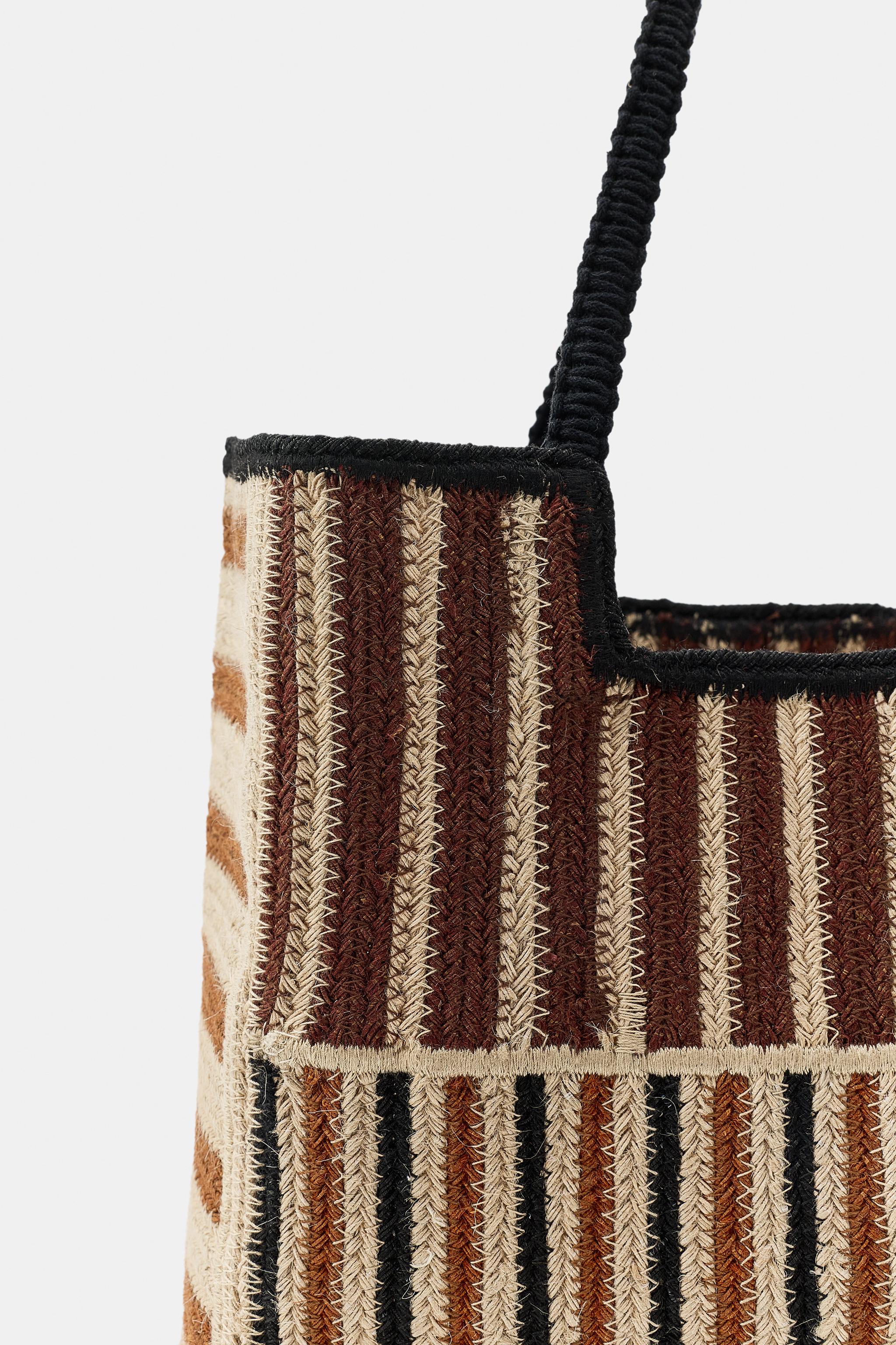 STRIPED WOVEN JUTE BAG — taupe brown