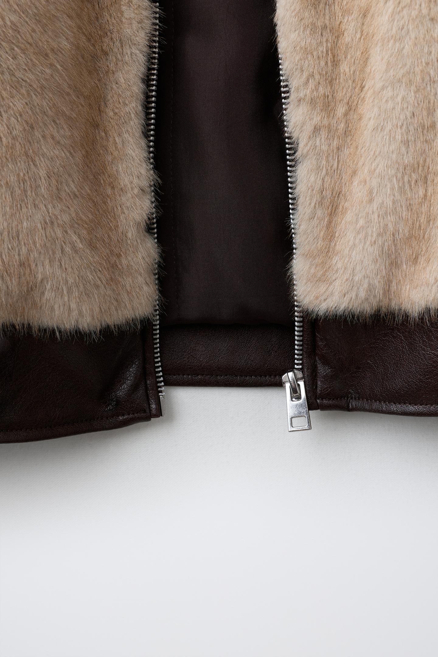 Детская куртка Zara Combined Faux Fur, цвет: Экрю / Коричневый — фото 8