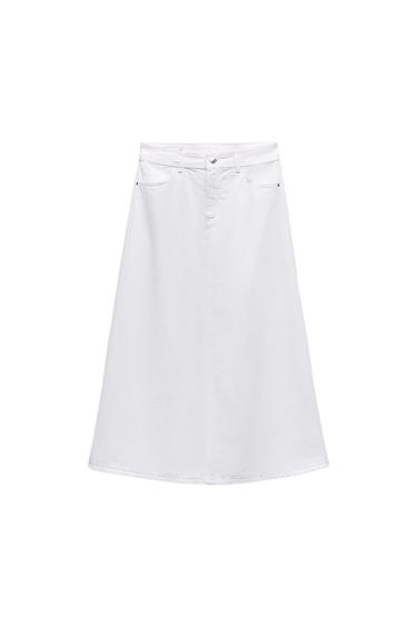 White long denim skirt with five pockets, button front fastening and centre front seam, photographed against a white background.