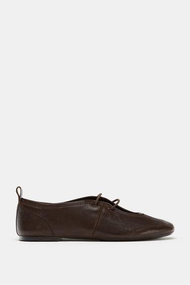 FLAT LACE-UP BALLERINA SHOES - Brown by Zara - Image 0