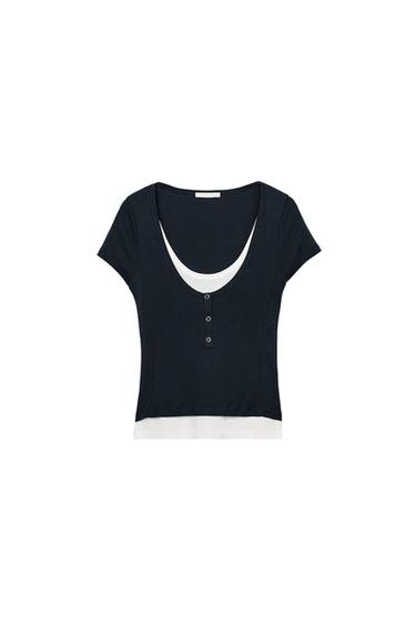 LAYERED-EFFECT HENLEY T-SHIRT - Navy blue by Zara