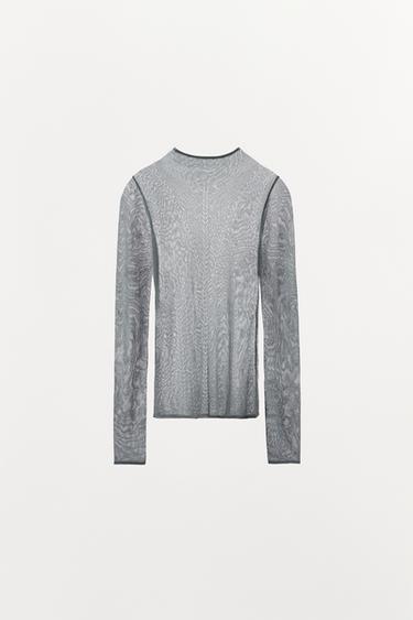 T-SHIRT MÉLANGE VISCOSE AJOURÉ - Gris de Zara - Image 3