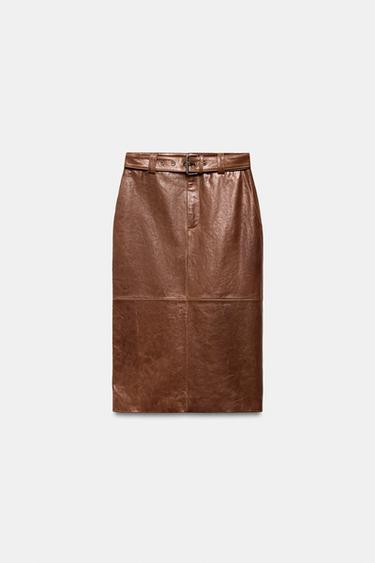 JUPE FOURREAU EN CUIR 100% ZW COLLECTION ÉDITION LIMITÉE - Marron clair de Zara