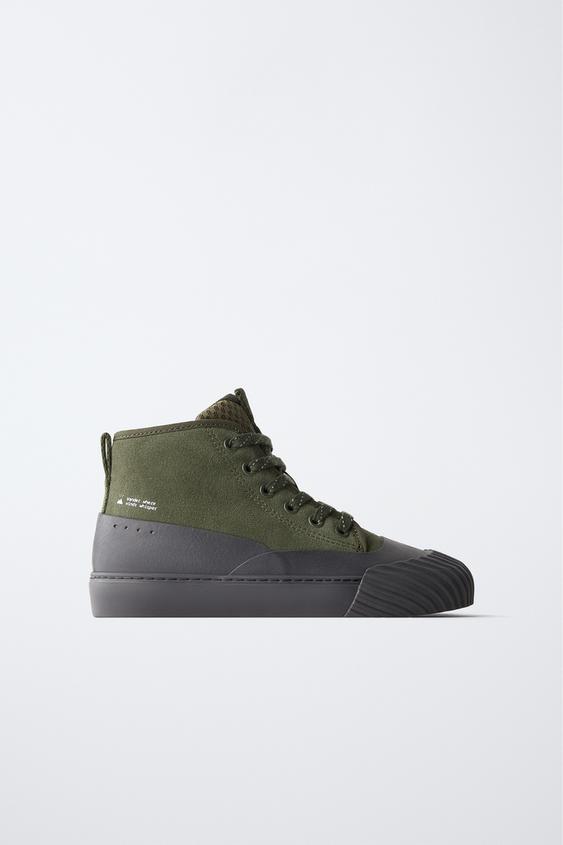 LEATHER HIGH-TOP SNEAKERS - Khaki Green by Zara - Image 0