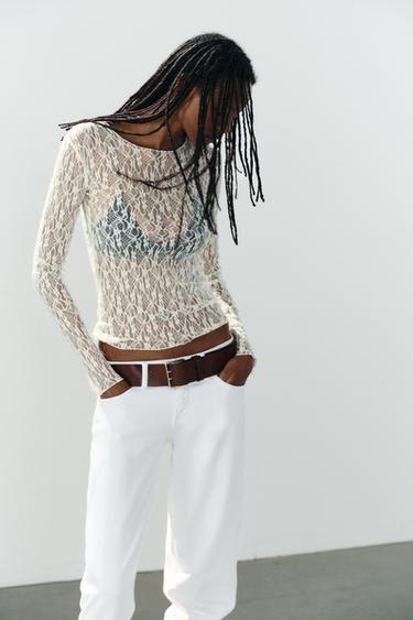 LACE LONG SLEEVE TOP - Ecru by Zara