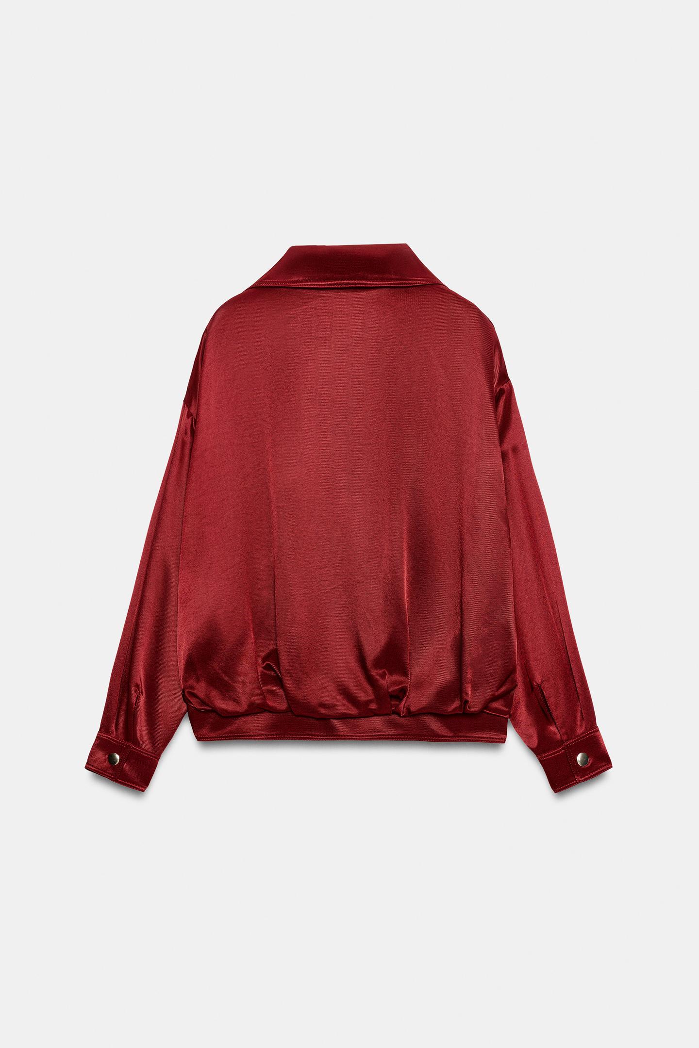 Женская куртка Zara Stand-Up Collar Bomber, цвет: Бордовый — фото 9