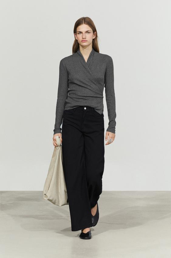 Zara Cotton-cashmere blend wrap T-shirt - Gray marl - Image 0
