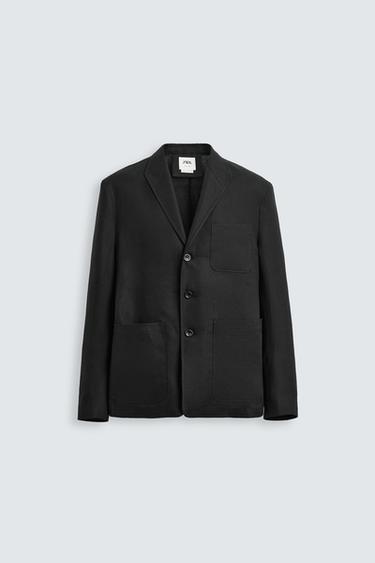Zara LIMITED EDITION 100% LINEN RELAXED FIT SUIT BLAZER - Black