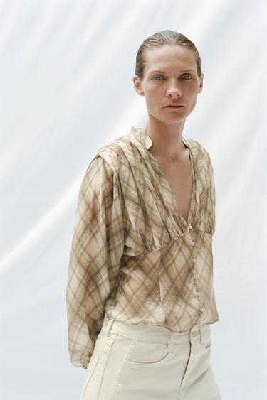 CAMISA CUADROS BOTONES - Khaki de Zara