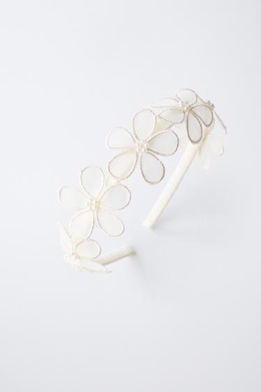 FLOWER AND FAUX PEARL HEADBAND - Ecru by Zara - Image 3