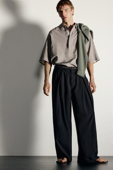 RELAXED FIT LINEN/COTTON POLO SHIRT - Grey marl by Zara