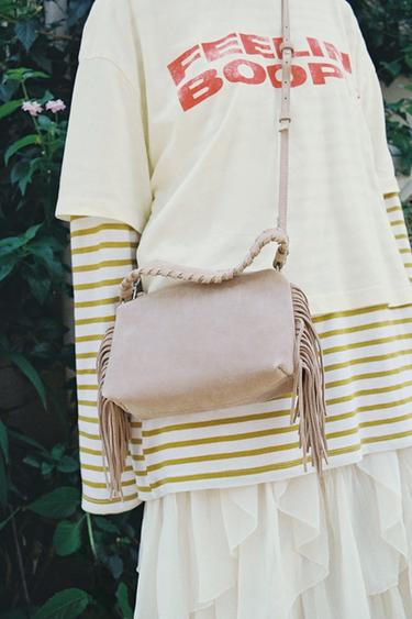 SPLIT SUEDE MINI FRINGED CROSSBODY BAG - SAND/BROWN by Zara - Image 0