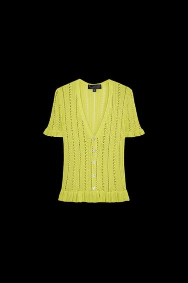 Zara POINTELLE RUFFLED KNIT CARDIGAN - Green - Image 0