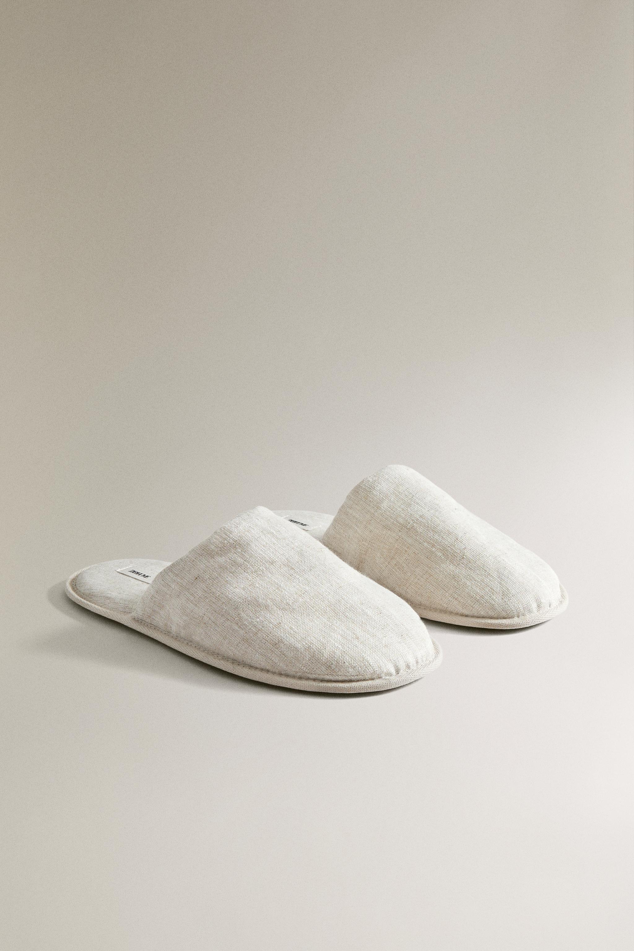 LINEN MULE SLIPPERS — Beige