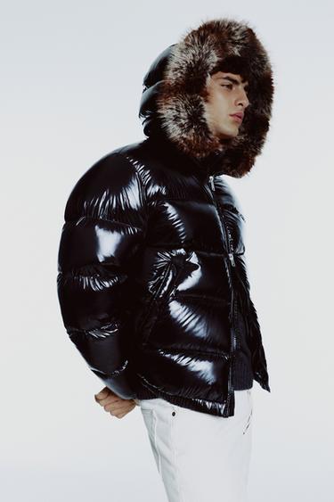 Zara 100% FEATHER PUFFER JACKET WITH HOODIE - Black