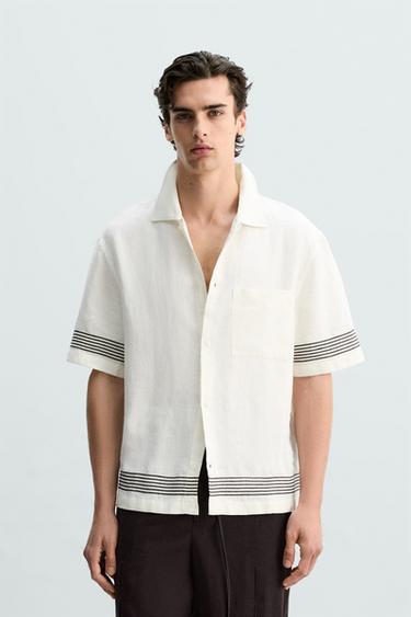 CAMISA 100% LINO BANDAS - Blanco roto de Zara