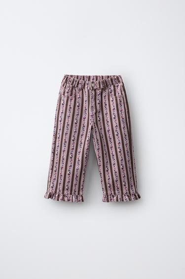 STRIPED AND FLORAL PRINT TWILL STRAIGHT TROUSERS - Dusty pink by Zara