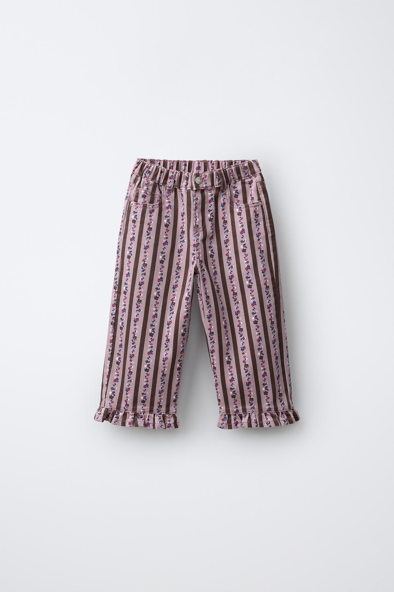 STRIPED AND FLORAL TWILL STRAIGHT PANTS — Dusty pink