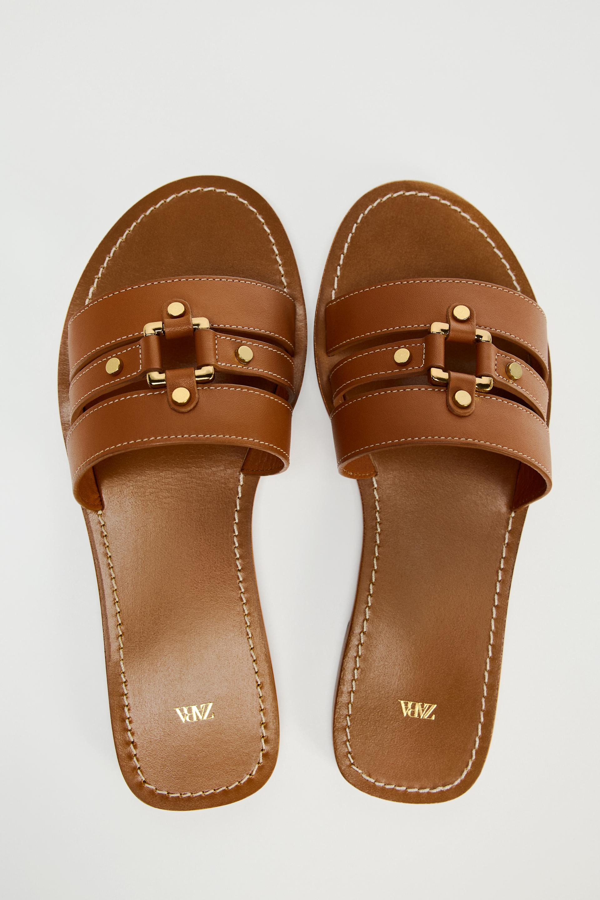 FLAT LEATHER SLIDER SANDALS