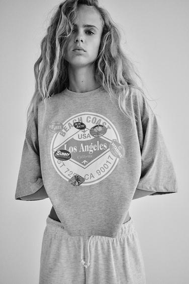 T-SHIRT INSCRIPTION ESTAMPÉ AUTOCOLLANTS - Gris chiné de Zara - Image 0