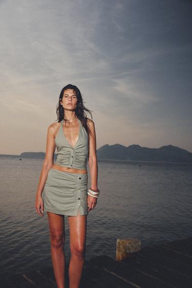 GATHERED LINEN BLEND SKORT - Light khaki by Zara