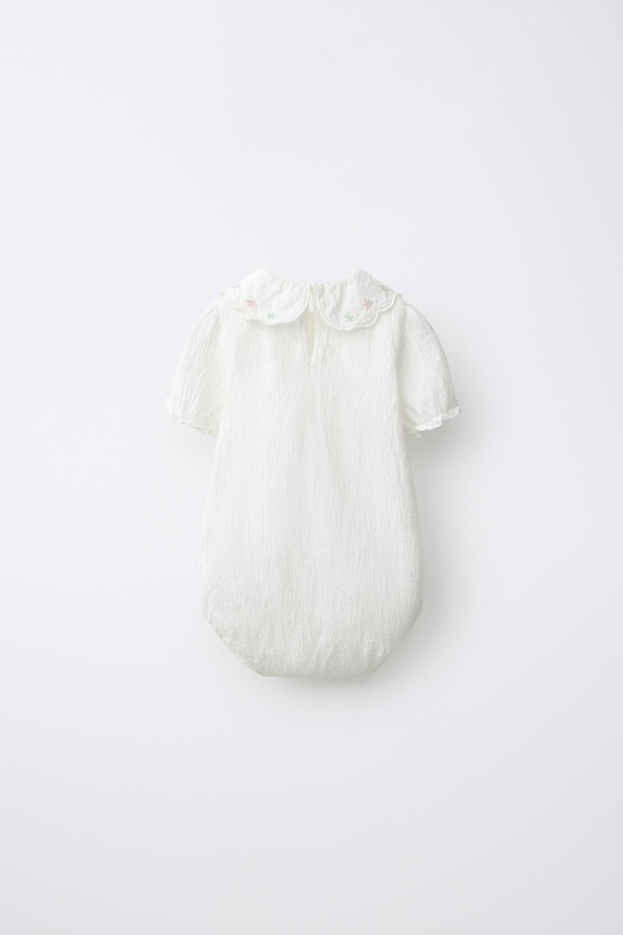 EMBROIDERED FLORAL COLLAR TEXTURED BODYSUIT — White
