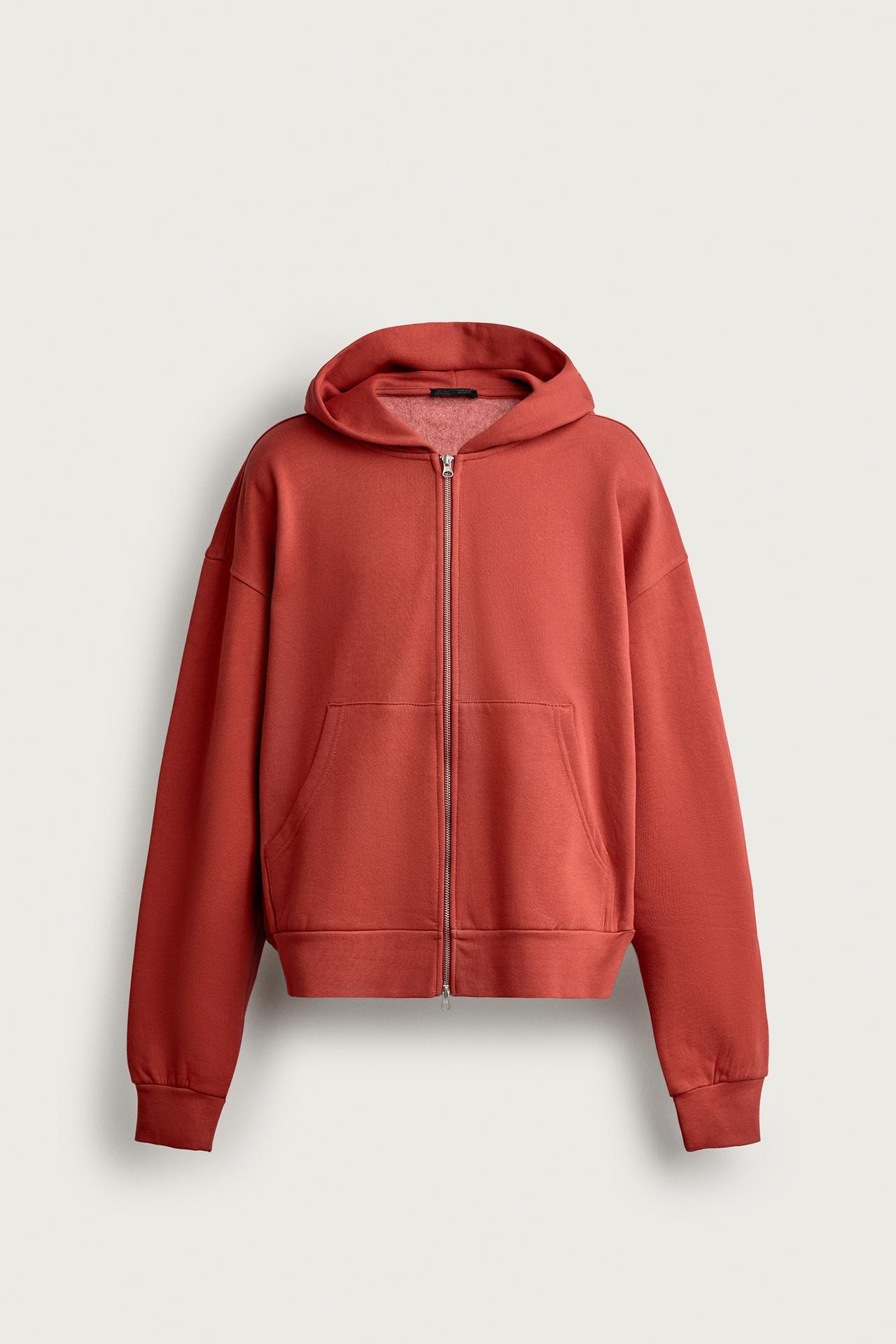 BASIC BOXY-FIT ZIP-UP HOODIE — Red