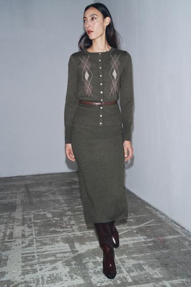 TRICOT JASJE MET ARGYLE DESSIN EN RIEM - Donker kaki van Zara