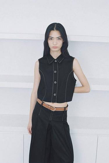 콘트라스트 스티치 스트레이트 베스트 - Zara 블랙