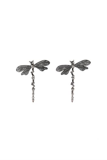 Front view of dragonfly-shaped earrings with silver details.