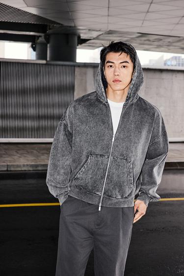 Zara 褪色拉鍊連帽運動衫 - 淺灰色