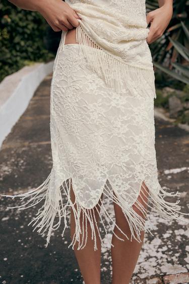 BEADED FRINGE LACE SKIRT - Ecru by Zara
