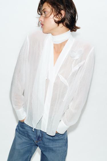 SEMI-SHEER BLOUSE WITH FLOWER - White by Zara - Image 5