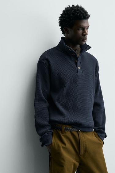 WAFFLE-KNIT TEXTURED SWEATSHIRT - Navy blue by Zara - Image 4