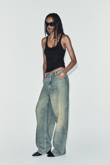Zara TRF MID-RISE FOLD-OVER WAIST JEANS - Blue / Green