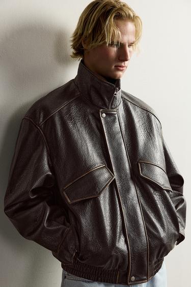 RELAXED-FIT FAUX LEATHER JACKET — Dark brown 1