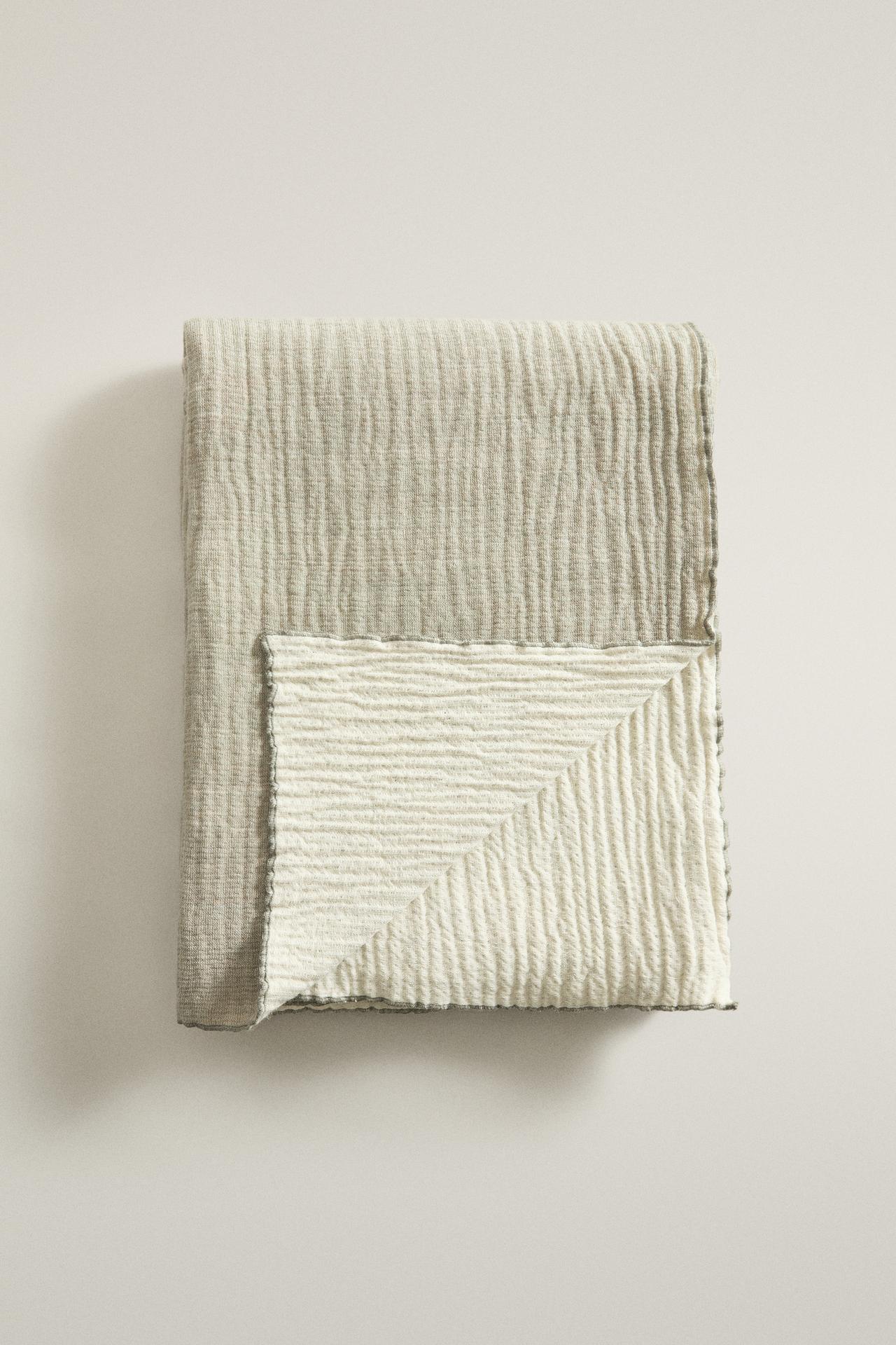 TEXTURED COTTON AND WOOL BLANKET — Green
