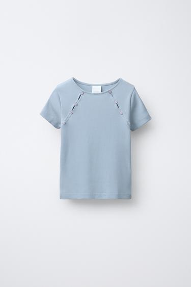RIBBED T-SHIRT WITH BUTTONS - Blue / Grey by Zara