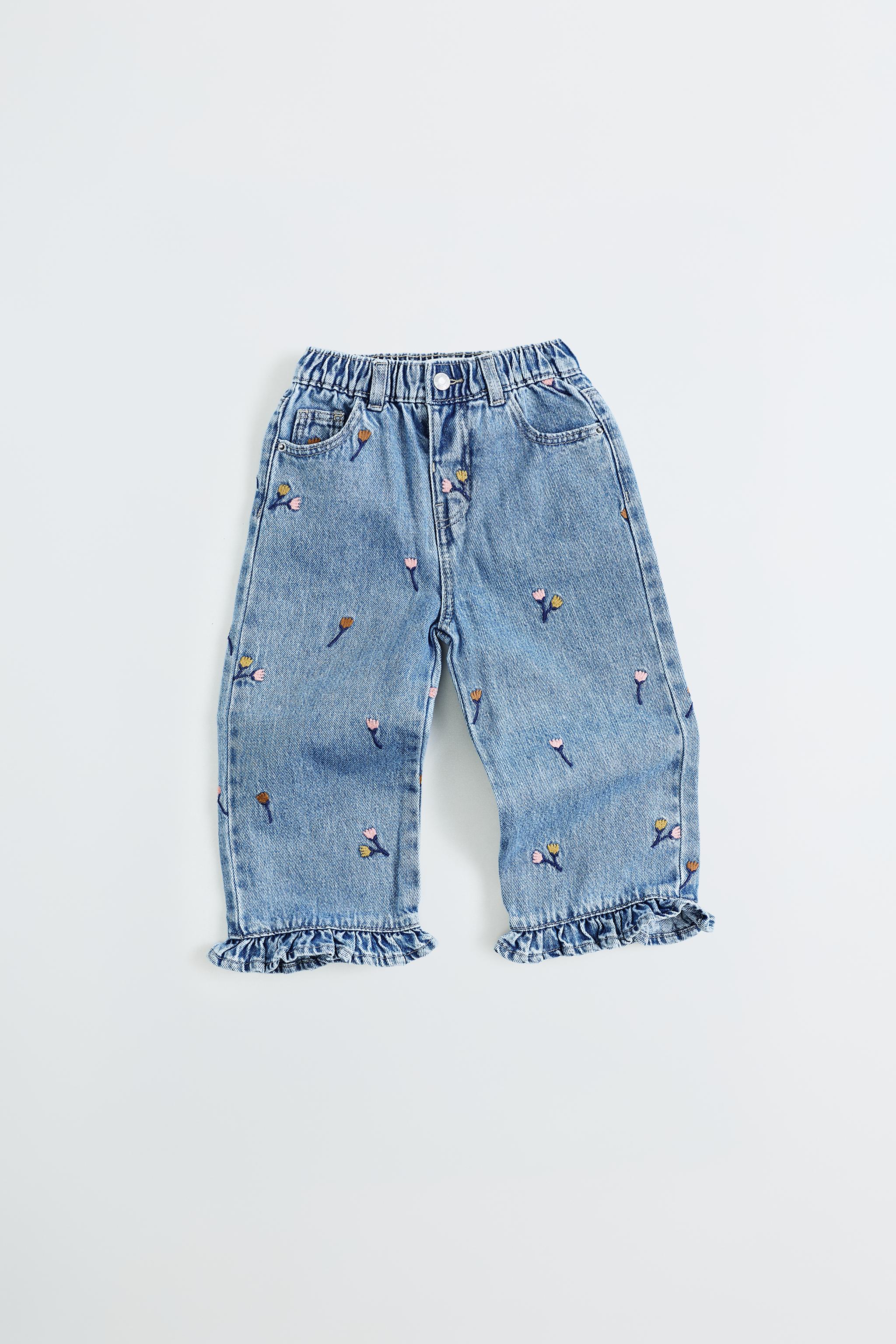 EMBROIDERED RUFFLED CULOTTE JEANS — Light blue