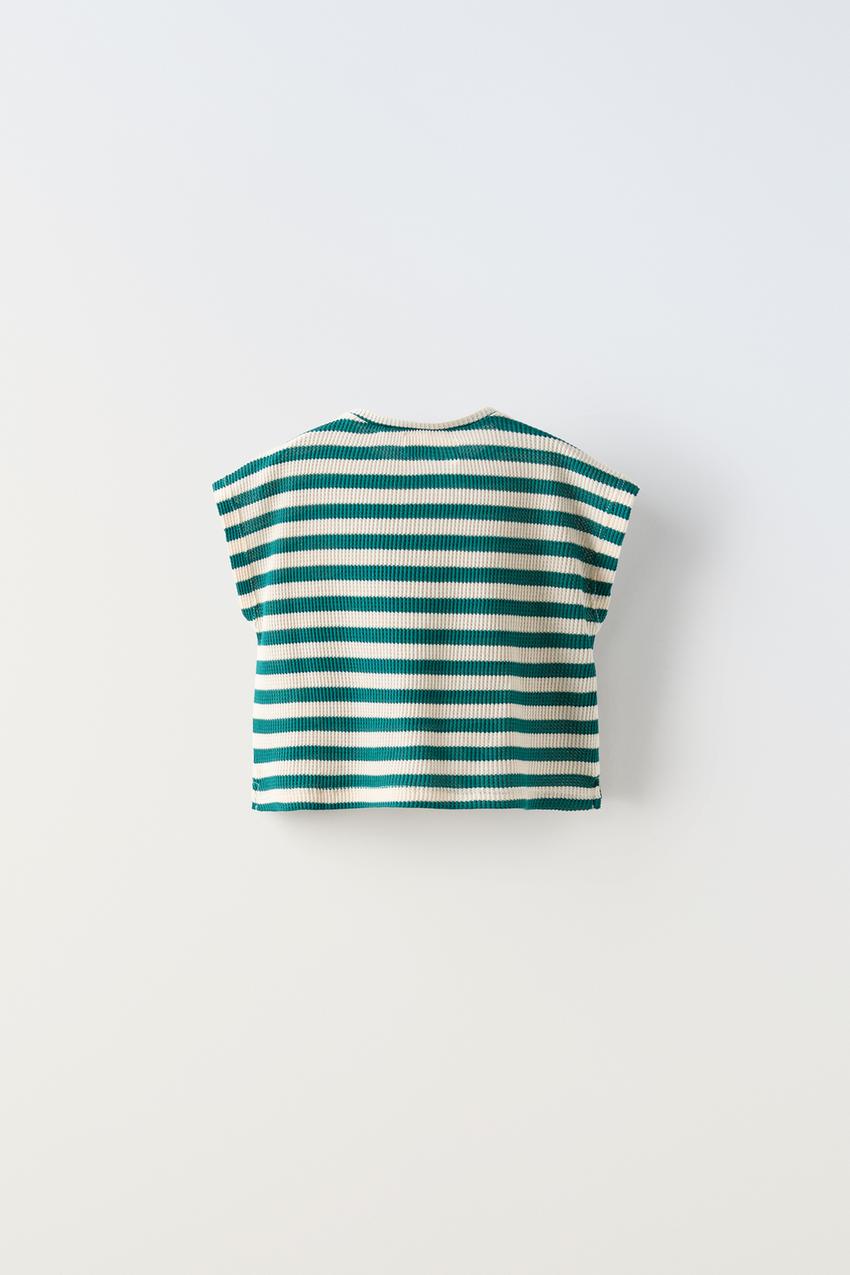 GESTREIFTES T-SHIRT MIT WAFFELMUSTER UND STICKEREI - Dunkelgrün 