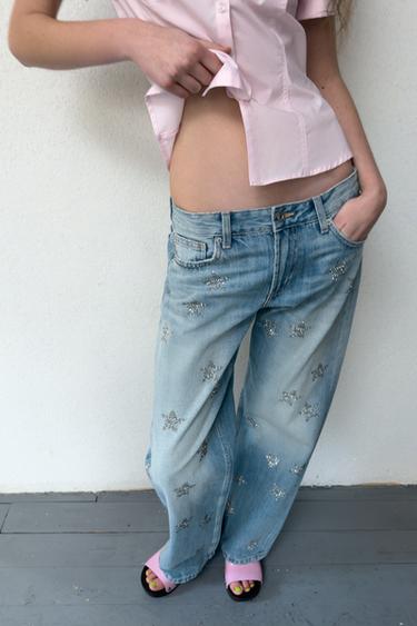 TRF WIDE-LEG RHINESTONE LOW-RISE JEANS - Blue by Zara