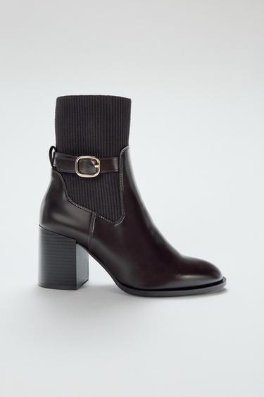 Zara 織布襪面粗跟踝靴 - 棕色