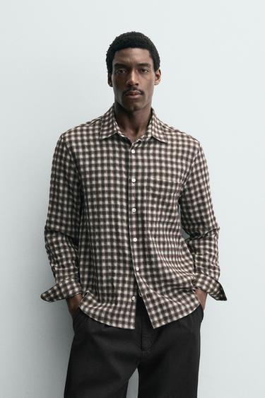 CAMISA CUADROS BOLSILLO - Marrón chocolate de Zara