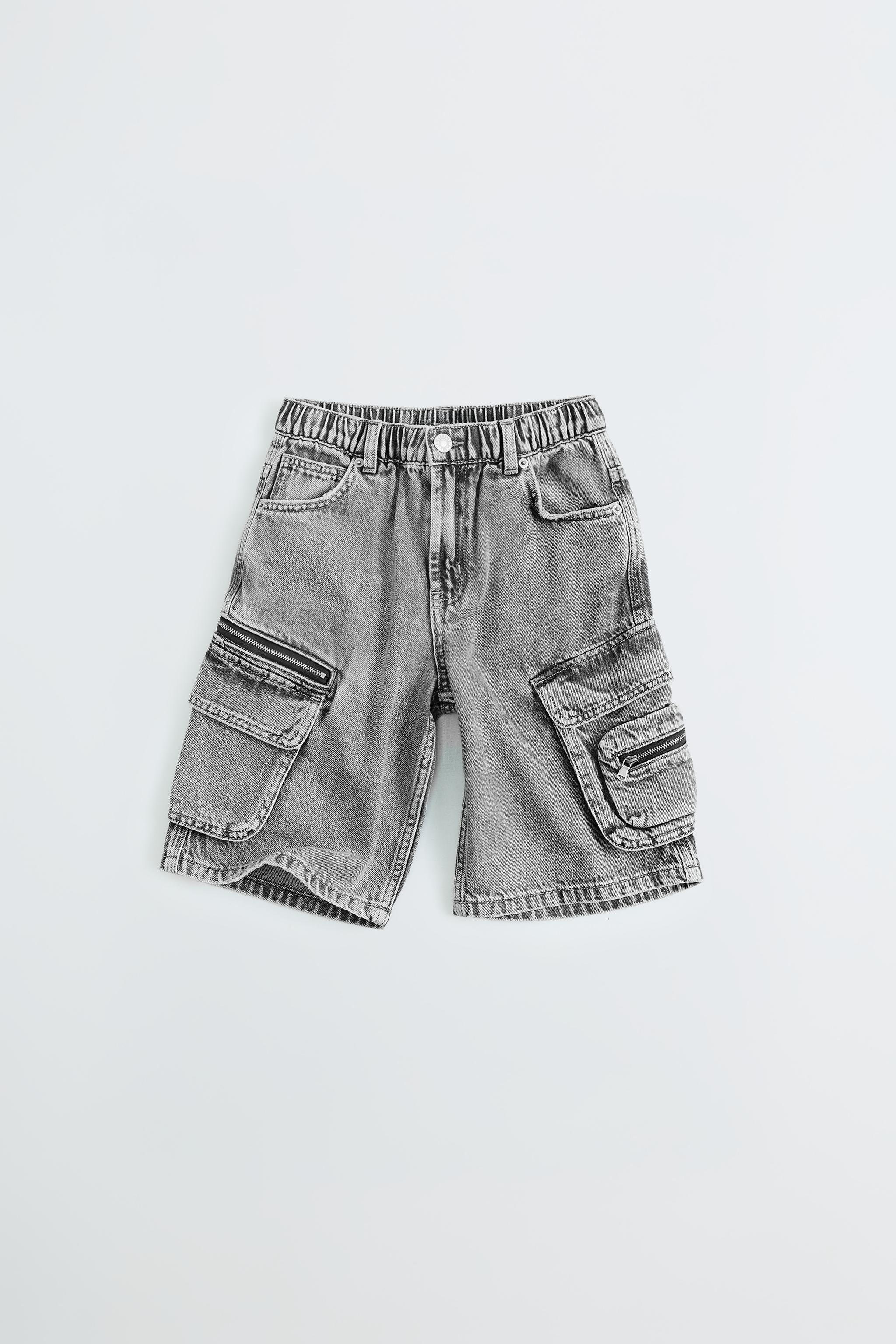 MULTICARGO DENIM SHORTS — Mid-gray