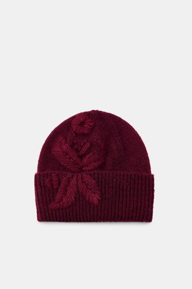 GORRO BEANIE BORDADO FLORES - Burgundy de Zara