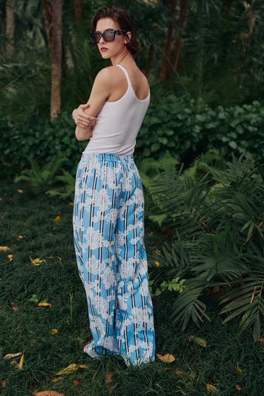 STRIPED WIDE-LEG TROUSERS - Ecru / Blue by Zara - Image 3